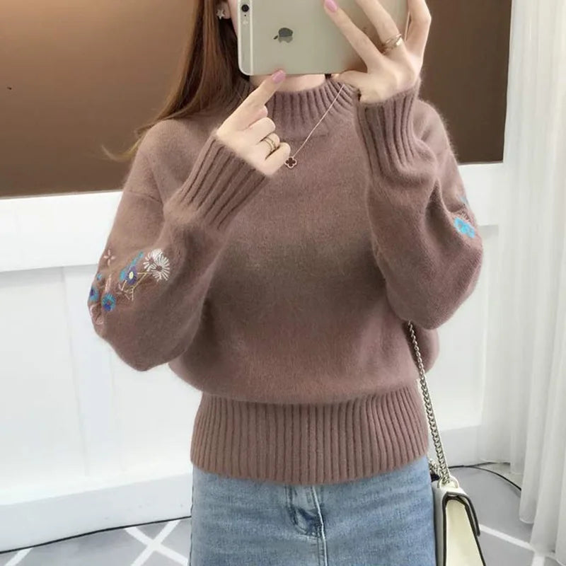 Today’s Deal Stand Collar Solid Color Embroidery Sweater