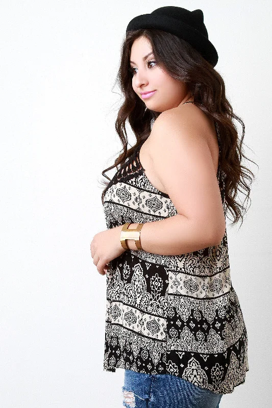 Price Cut Printed Woven Crochet Yoke Halter Top