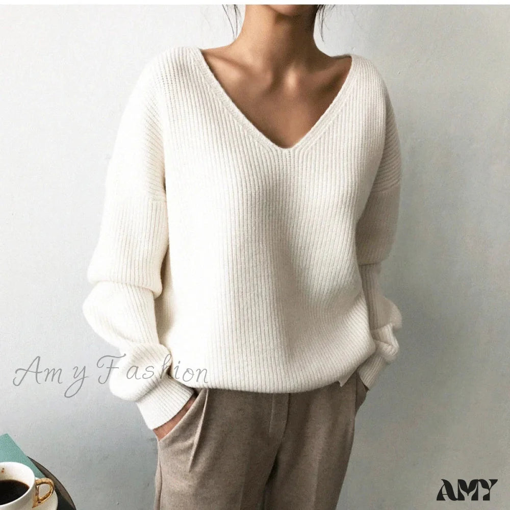 Year-End Sale V Neck Women Oversized Knitted Fall 2024 Clothing Pullover Winter Autumn New Fashion Sweater