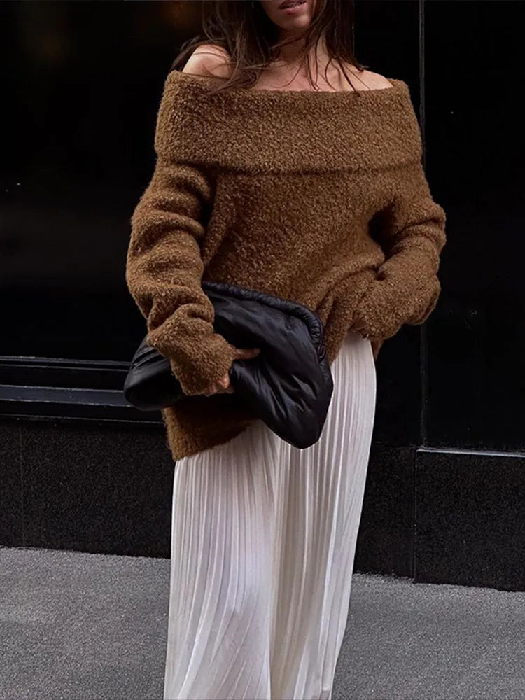 Great Bargains Sexy Off-Shoulder Knit Pullover Women Autumn Fashion Boat Neck Long Sleeves Sweater