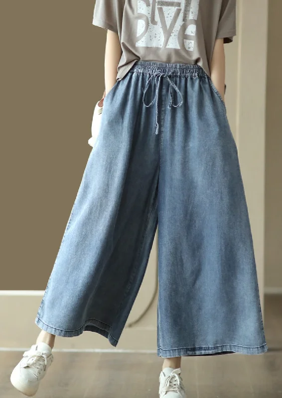 Weekend Specials to Cherish Casual Solid Washed Drawstring Wide-leg Denim Pants