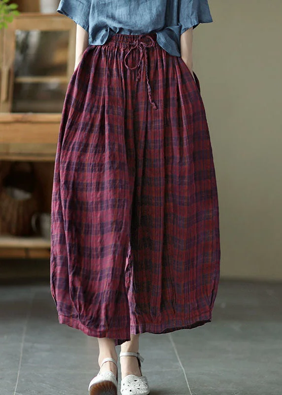 Mega Sale Boutique Red Plaid Pockets Cinched Patchwork Cotton Lantern Pants Summer