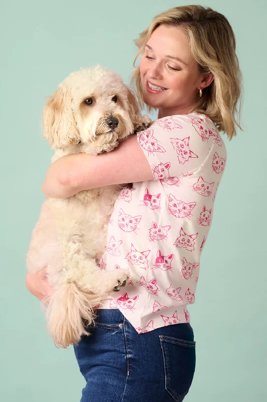 Grand Opening Sale Maggie T-shirt - Off White/Pink, Sketched Cats