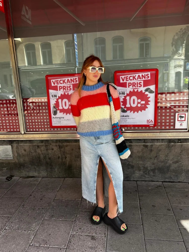 Weekend Deals You Can't Resist Women Elegant Colorful Striped Knitted Pullover Casual Long Sleeve Loose Sweater