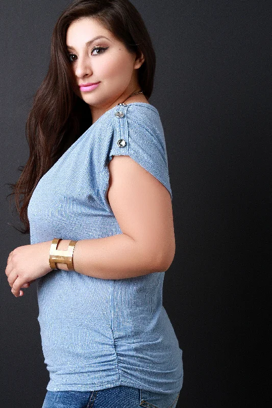 Take Advantage Ribbed Knit Button Accent Cap Sleeve Top