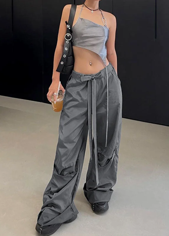 Weekend Bargains to Grab Casual Grey Pockets Tie Waist Patchwork Cotton Overalls Pants Summer