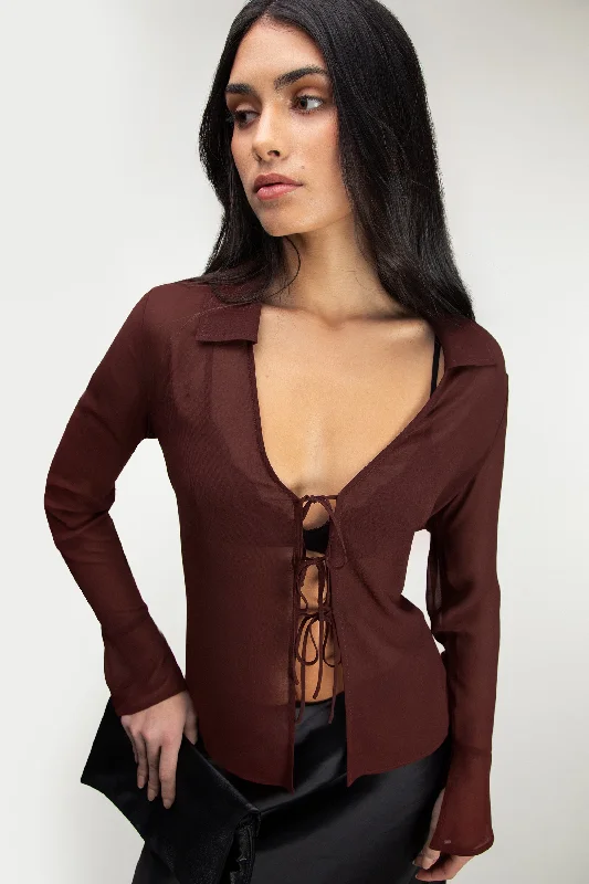 Best Seller SHEER CHIFFON COLLARED TIE FRONT BLOUSE