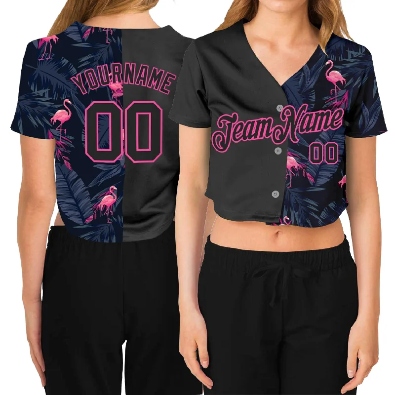 Lowest Price Custom Women's Black Black-Pink Flamingo 3D V-Neck Cropped Baseball Jersey