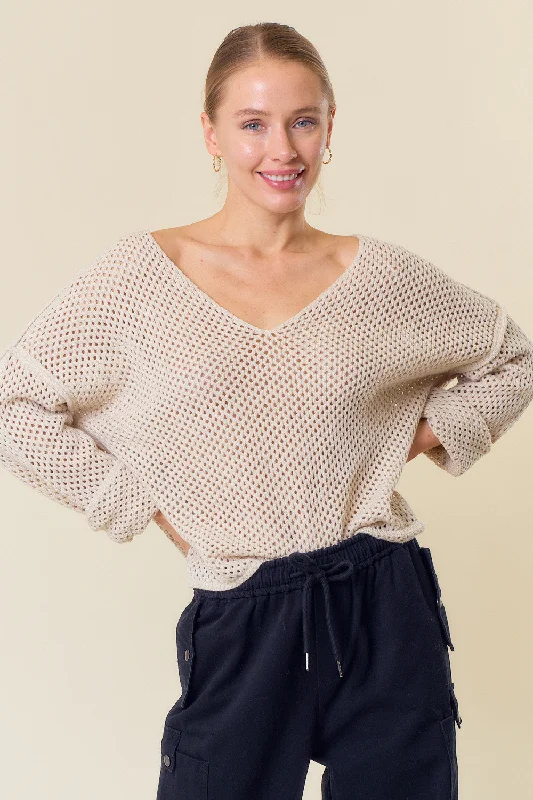 Weekend Savings Fiesta V-Neck Long Sleeve Crochet Sweater Knit Top