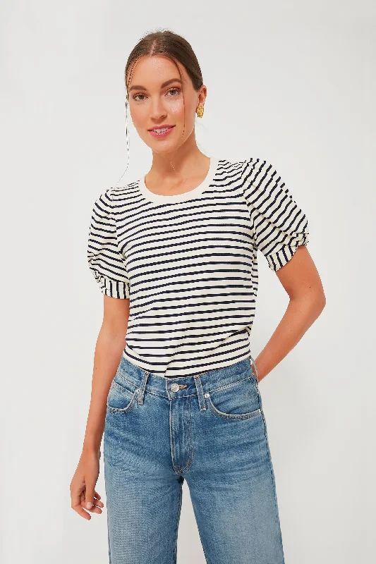 Crazy Savings Navy Striped Vesty Puff Short Sleeve Crewneck