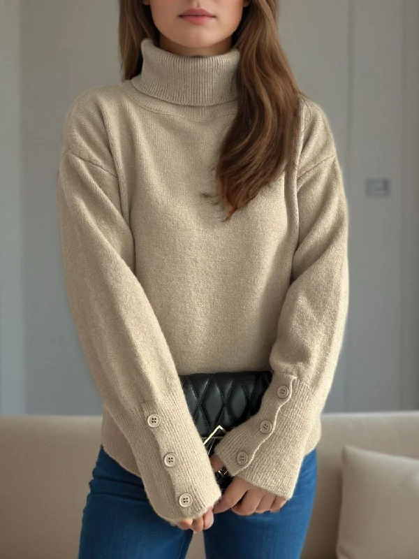 Online Specials Front Slit Decorative Button Turtleneck Sweater