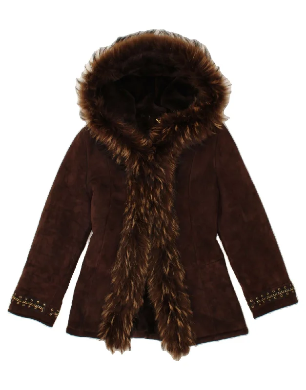 Mega Deal VINTAGE Womens Hooded Shearling Jacket UK 12 Medium Brown