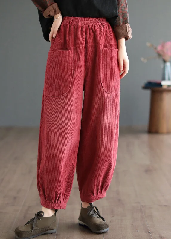 Weekend Wonders Await! Boutique Red Elastic Waist Oversized Pockets Corduroy Pants Fall