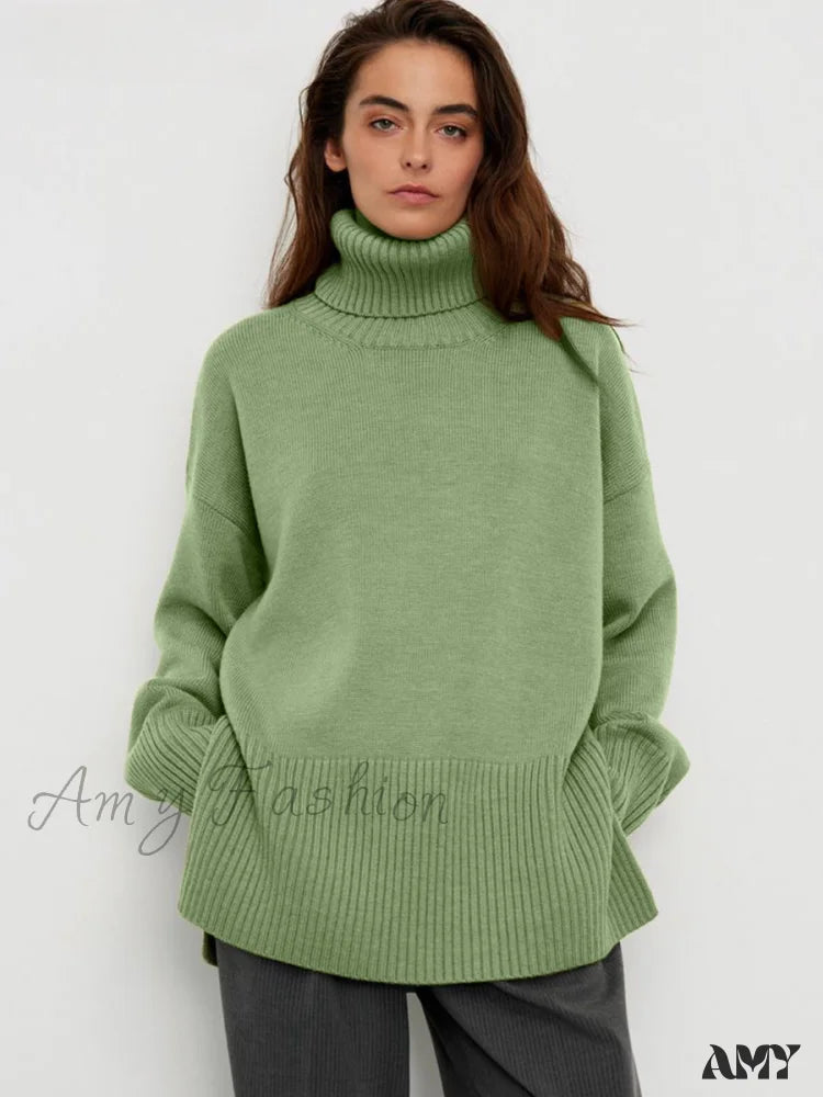 Weekend Bargains Just for You Turtle Neck Autumn Winter Women Soft Warm Basic Knitted Split Pullover Loose Casual Sweater