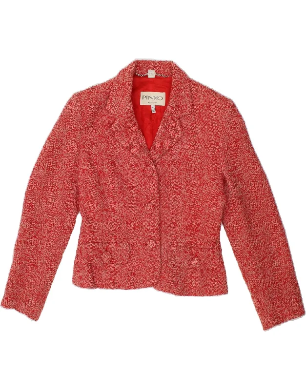 Savings Alert PINKO Womens Crop 3 Button Blazer Jacket UK 8 Small Red Herringbone Wool