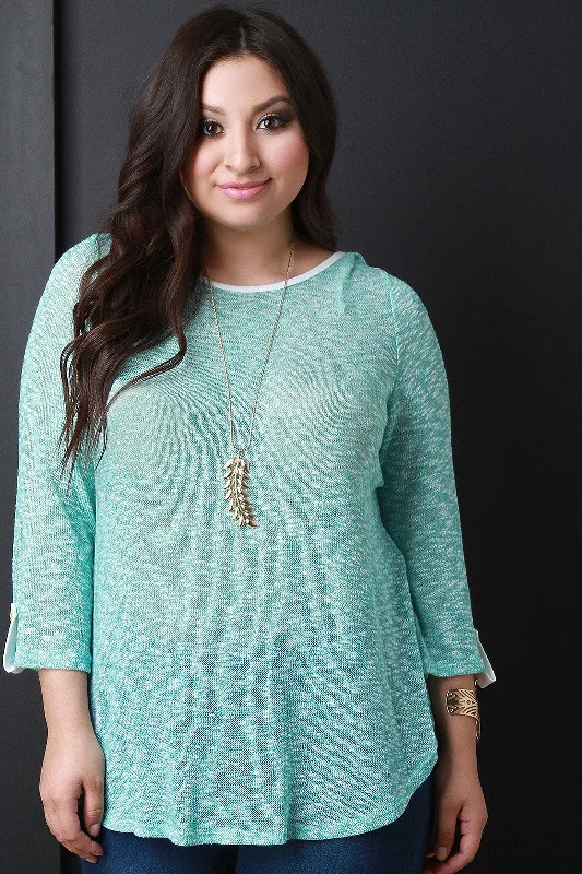 Seasonal Sale Loose Knit Button Tab Quarter Sleeve Top
