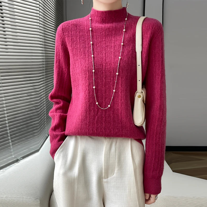 Huge Savings Autumn Winter Ladies' New Beautiful Slave Pure Wool Semi-High Collar Solid Color Sweater