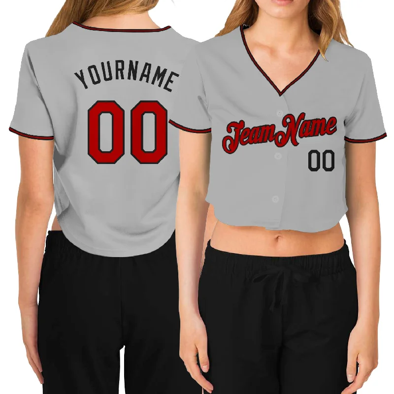 Weekend Offers You Can't Ignore Custom Women's Gray Red-Black V-Neck Cropped Baseball Jersey
