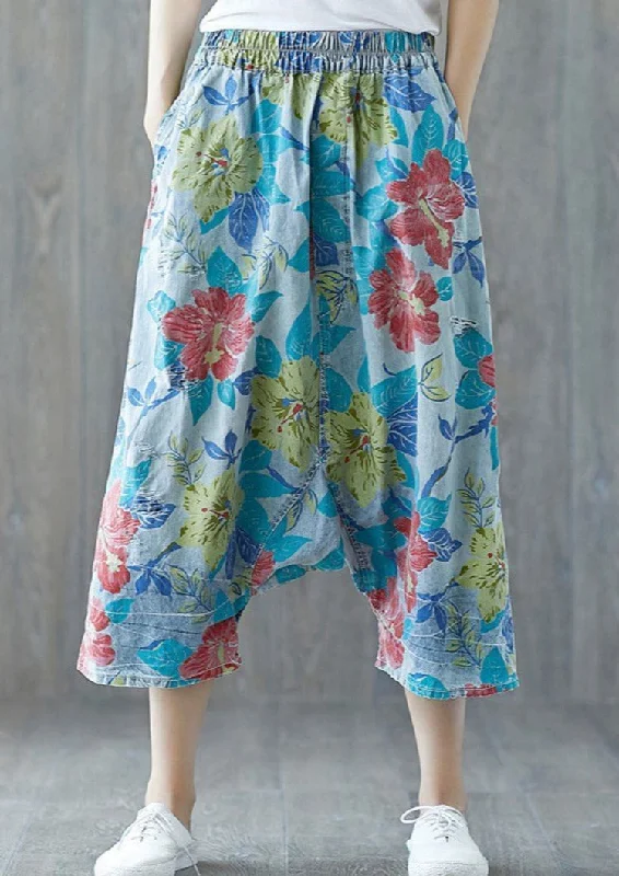 Weekend Discounts to Enjoy Casual Floral Drawstring Drop Crotch Loose Ripped Denim Pants