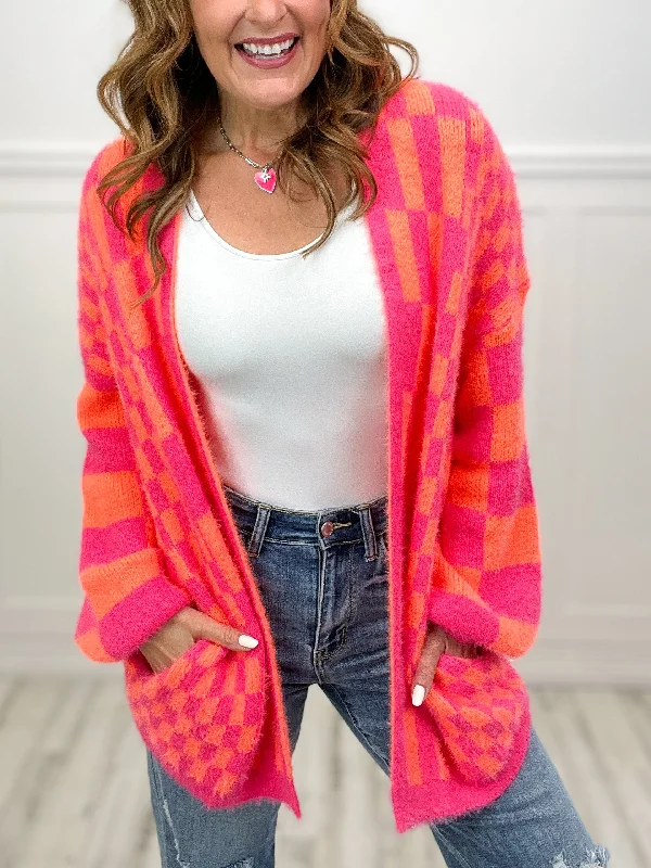 Price Smash Checkerboard Loose Fit Knit Cardigan