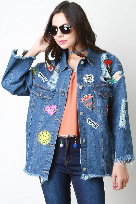 Weekend Shopping Bliss Patch Distressed Boxy Denim Jacket