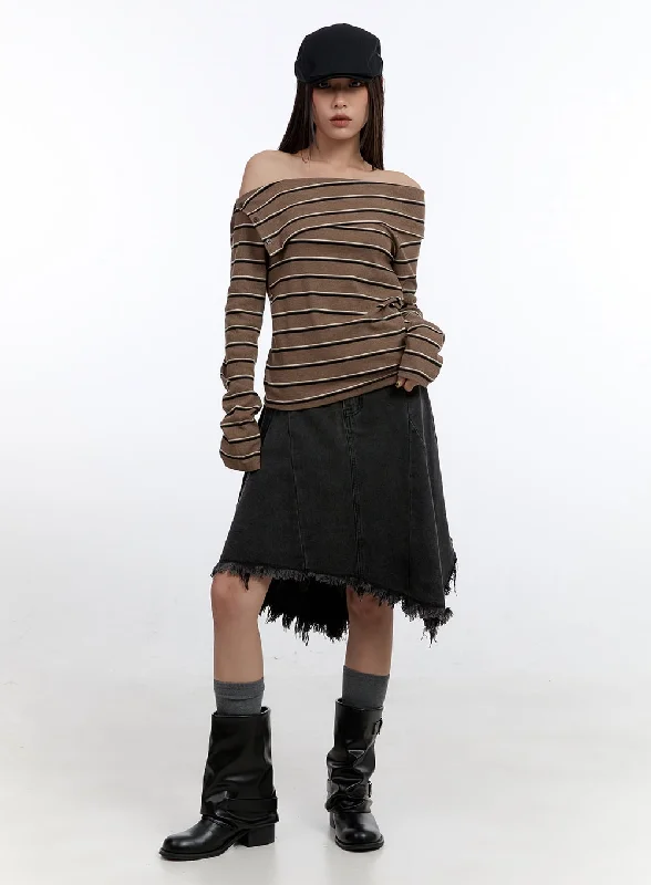 Bargain Prices Buttoned Off-Shoulder Stripe Tee CN401