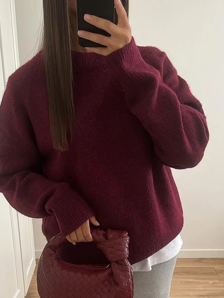 Must-Have Deals Elegant Solid Round Neck Knitted Pullover Women Casual Long Sleeves Loose 2024 New Fashion Sweater