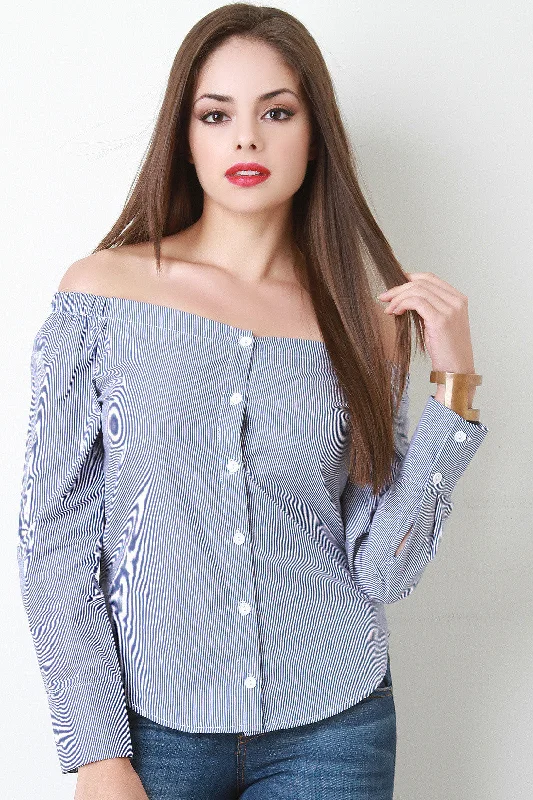 Weekend Deals That Amaze Pin Stripe Off The Shoulder Long Sleeve Button Up Top