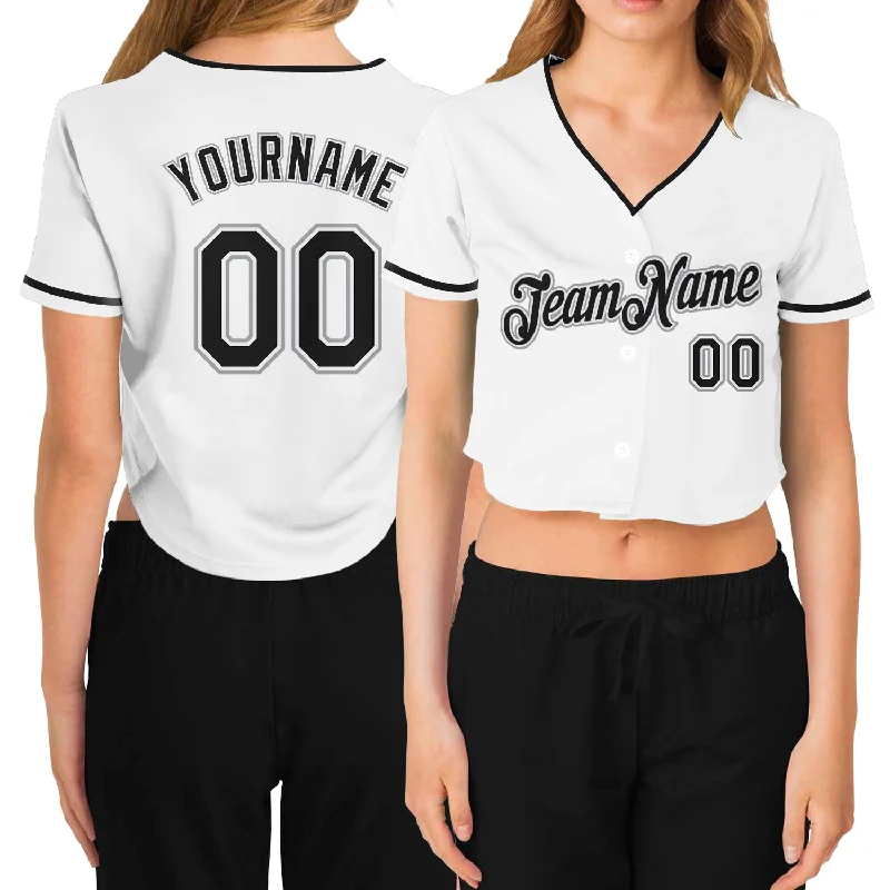 Midnight Sale Custom Women's White Black-Gray V-Neck Cropped Baseball Jersey