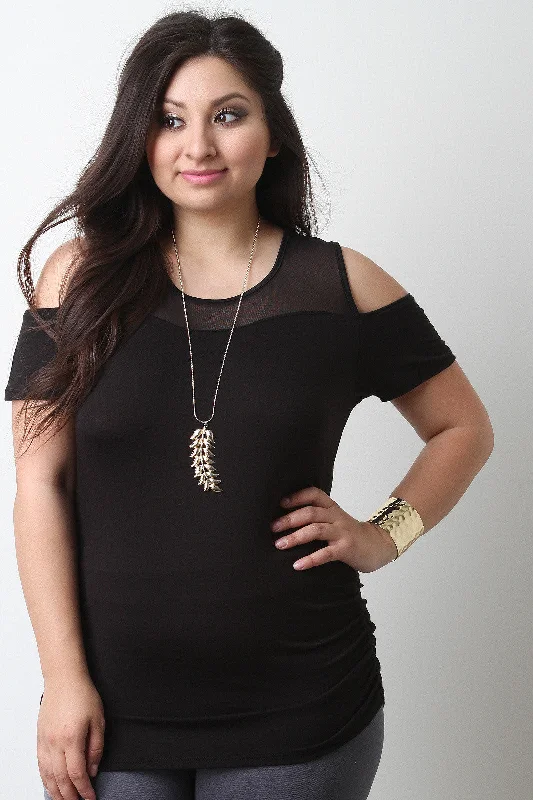 Limited Time Discount Mesh Yoke Cold Shoulder Side Ruched Top