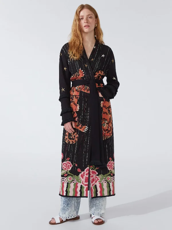Deal Dash Tibetan Tiger Cotton Jacquard Duster Black