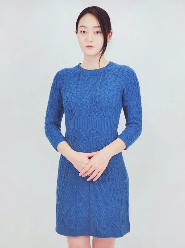 Weekend Discounts to Celebrate Cable Knit Round Neck 3/4 Slvs Mini Sweater Dress