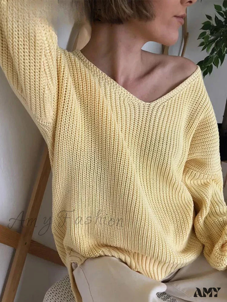Huge Discounts Casual Knitted Women Solid V-neck Long Sleeve Pullover 2024 Autumn Winter Soft Match All Sweater