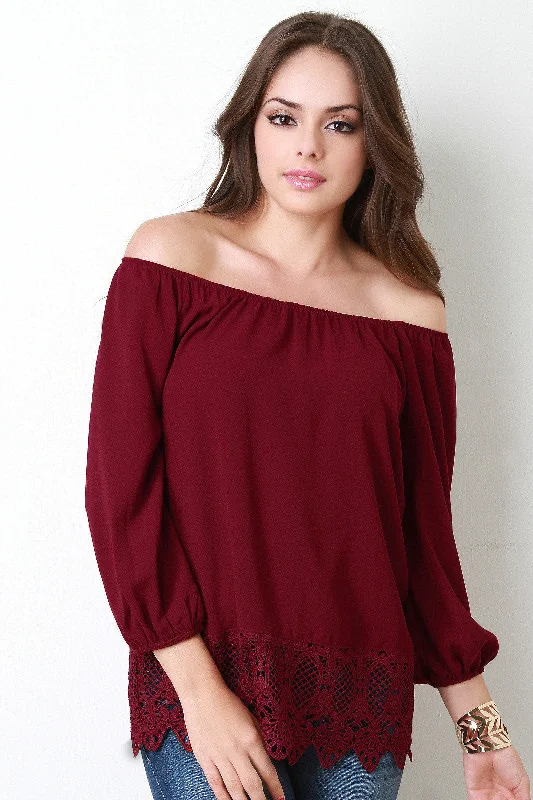 Weekend Price Cuts Galore Off The Shoulder Lace Trim Hem Blouse