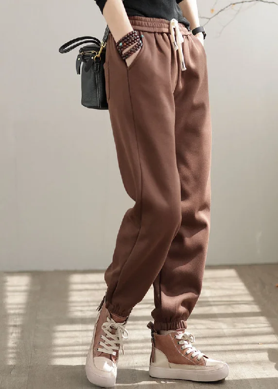 Warehouse Sale Casual Coffee Elastic Waist Oversized Warm Fleece Pants Winter