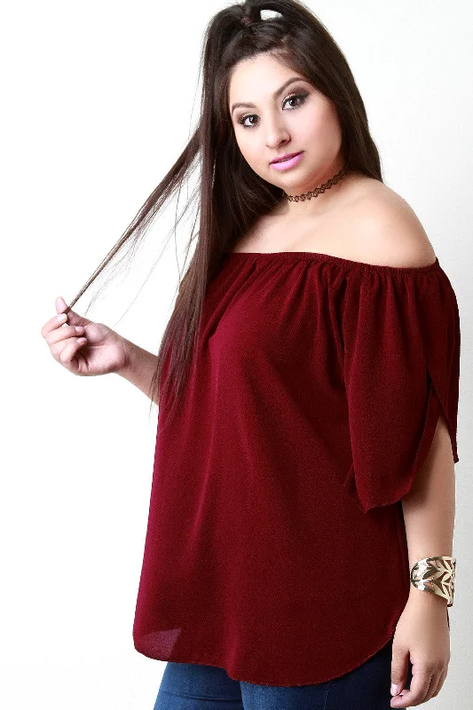 Weekend Deals That Sparkle Off The Shoulder Slit Sleeves Textured Top