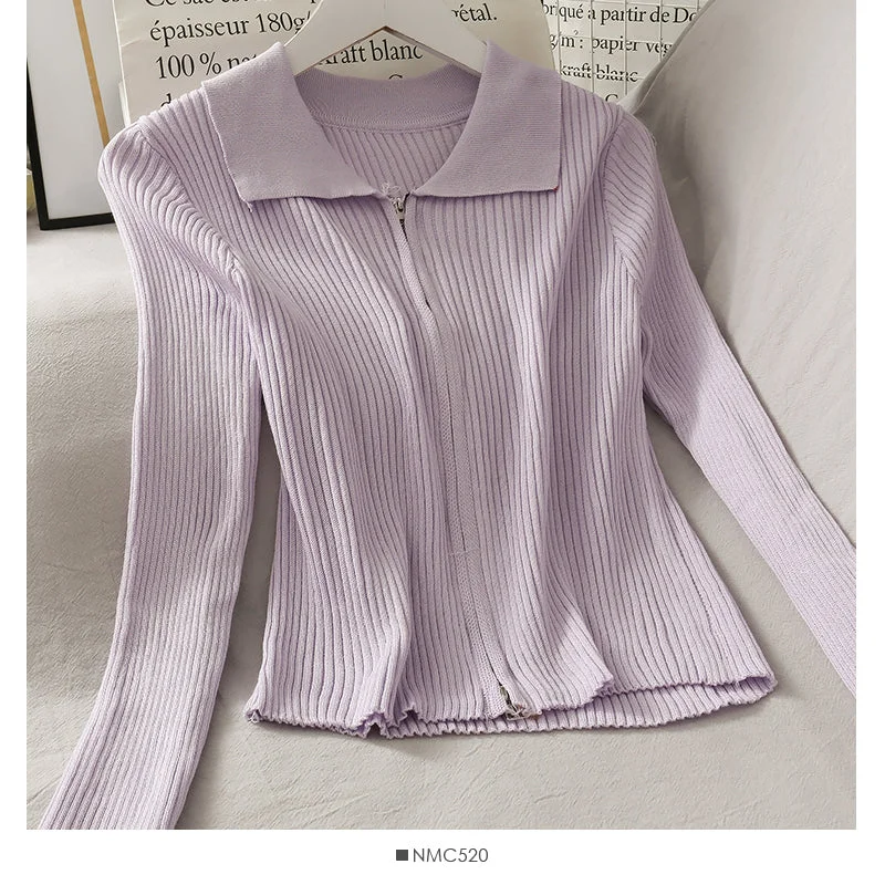 Fantastic Offers Personalized double zipper tight vertical stripe long sleeve knit  1777