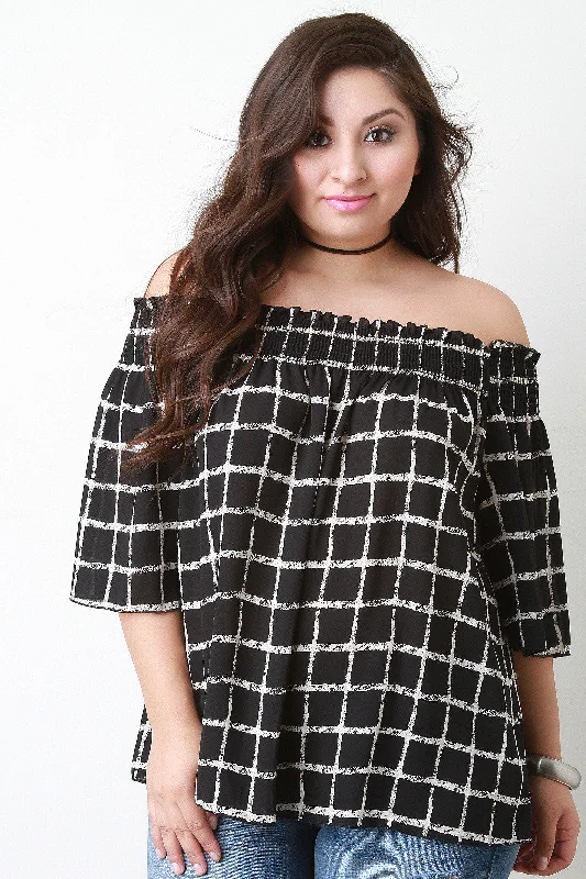Weekend Deal Off The Shoulder Grid Print Chiffon Top