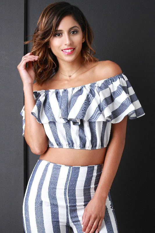 Clearance Sale Striped Chambray Flutter Bardot Top