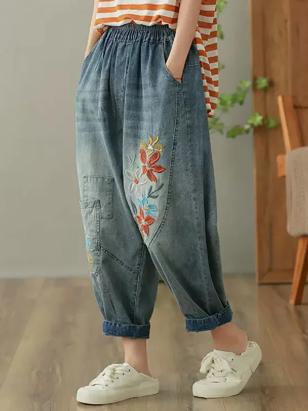 Weekend Savings Fiesta Casual Vintage Flower Embroidery Denim Harem Pants