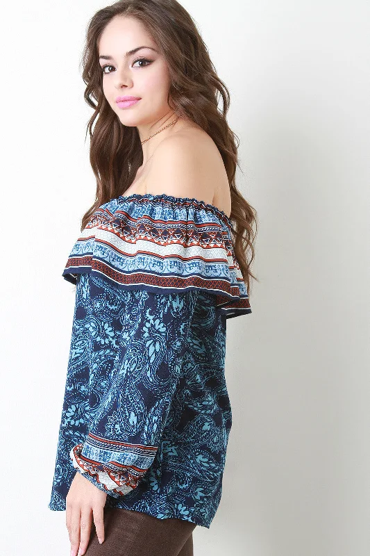 Year-End Sale Paisley Off the Shoulder Long Sleeve Top