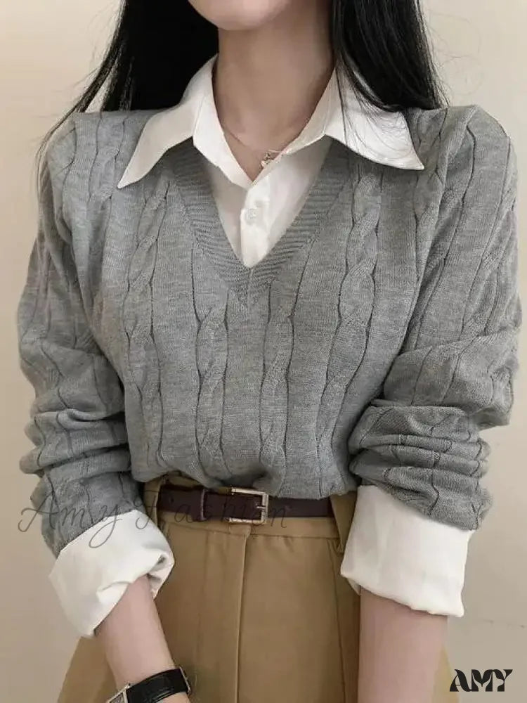 Stock Clearance Fashion Winter Knitted Women Casual V-Neck Pullover All-match Loose Sweater