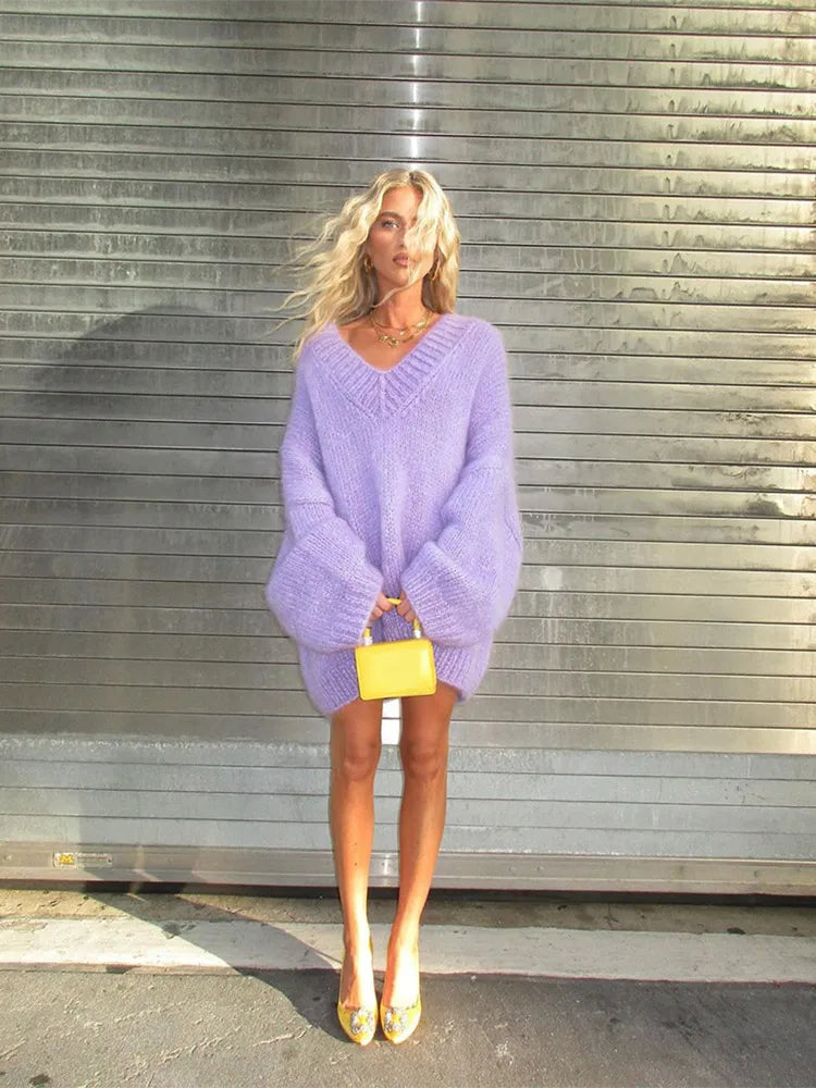 Blowout Sale Elegant Purple Deep V Neck Knitted Pullover Casual Long Sleeves Loose Sweater