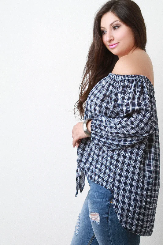 Warehouse Sale Plaid Self Tie Bardot Top