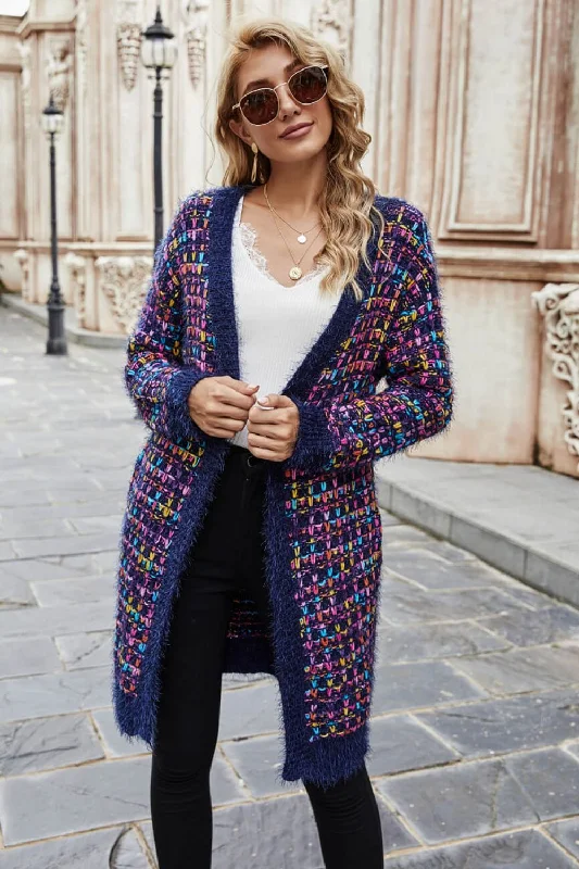 Deal Alert Angel Wings Multicolored Ribbed Trim Open Front Cardigan with Pockets