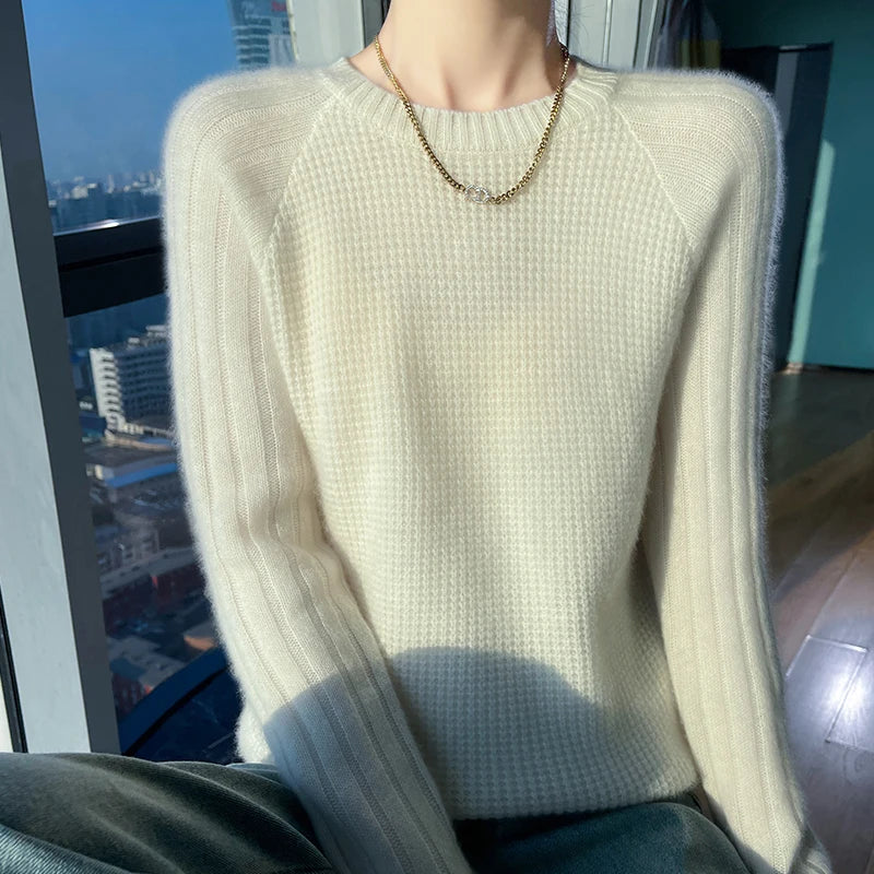 Can't Resist Women's Autumn Winter O-neck Long Sleeve Merino Wool Pullover Padded Cashmere Sweater