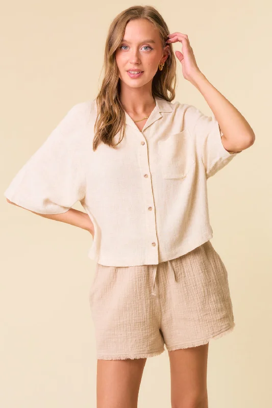 Weekend Offers That Amaze Linen Blend Notched Collar Short Sleeve Crop Shirt