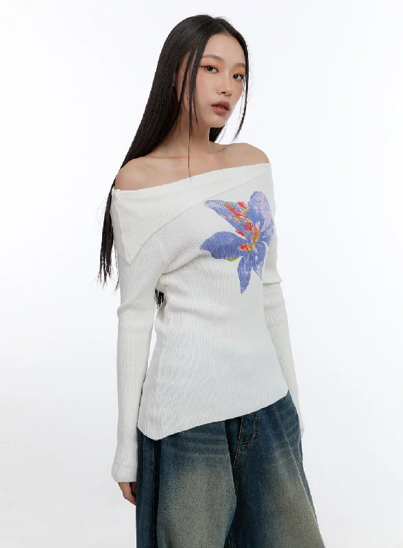 Warehouse Sale Floral Unbalanced Off-Shoulder Tee CN401