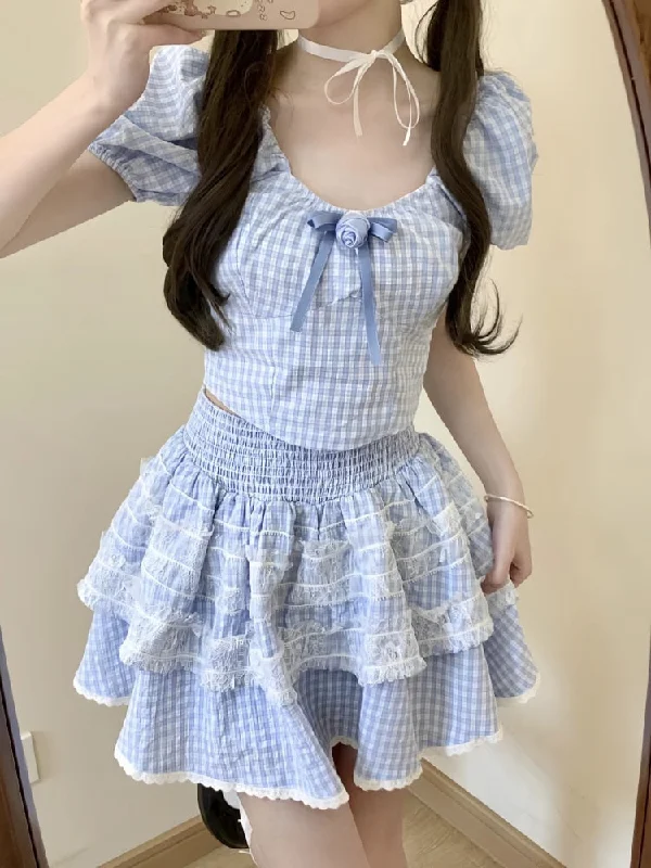 Best Seller Blue Plaid Babydoll Outfit Set
