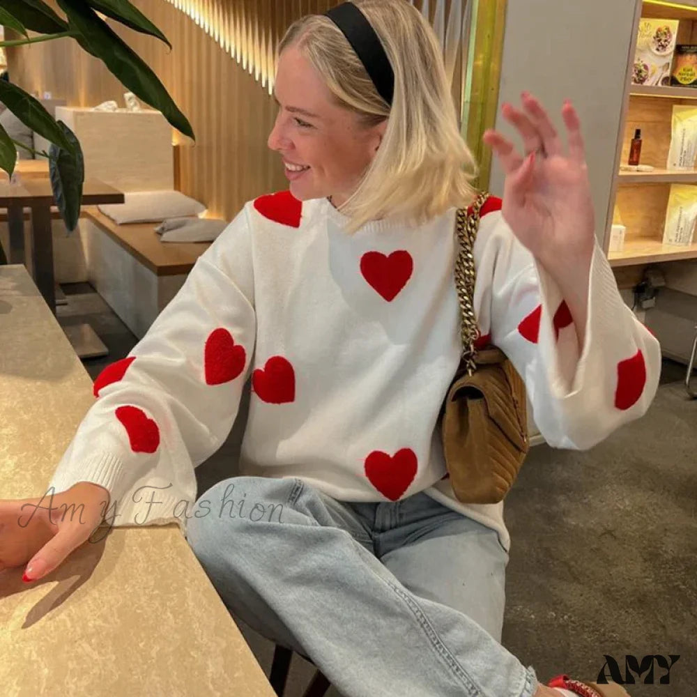 Super Deal 2024 Sweet Heart Women Fashion Cute Vintage Loose Knitted Pullover Knitwear Long Sleeve O-Neck Cozy Sweater